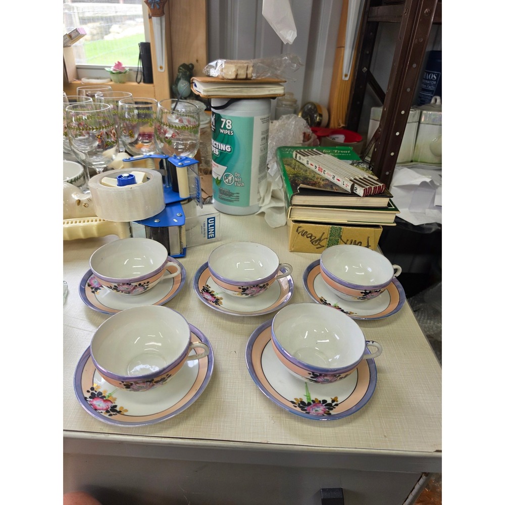 Vintage Japanese Lusterware Tea Cup and Saucer Set Hand Painted Floral 10 Piece